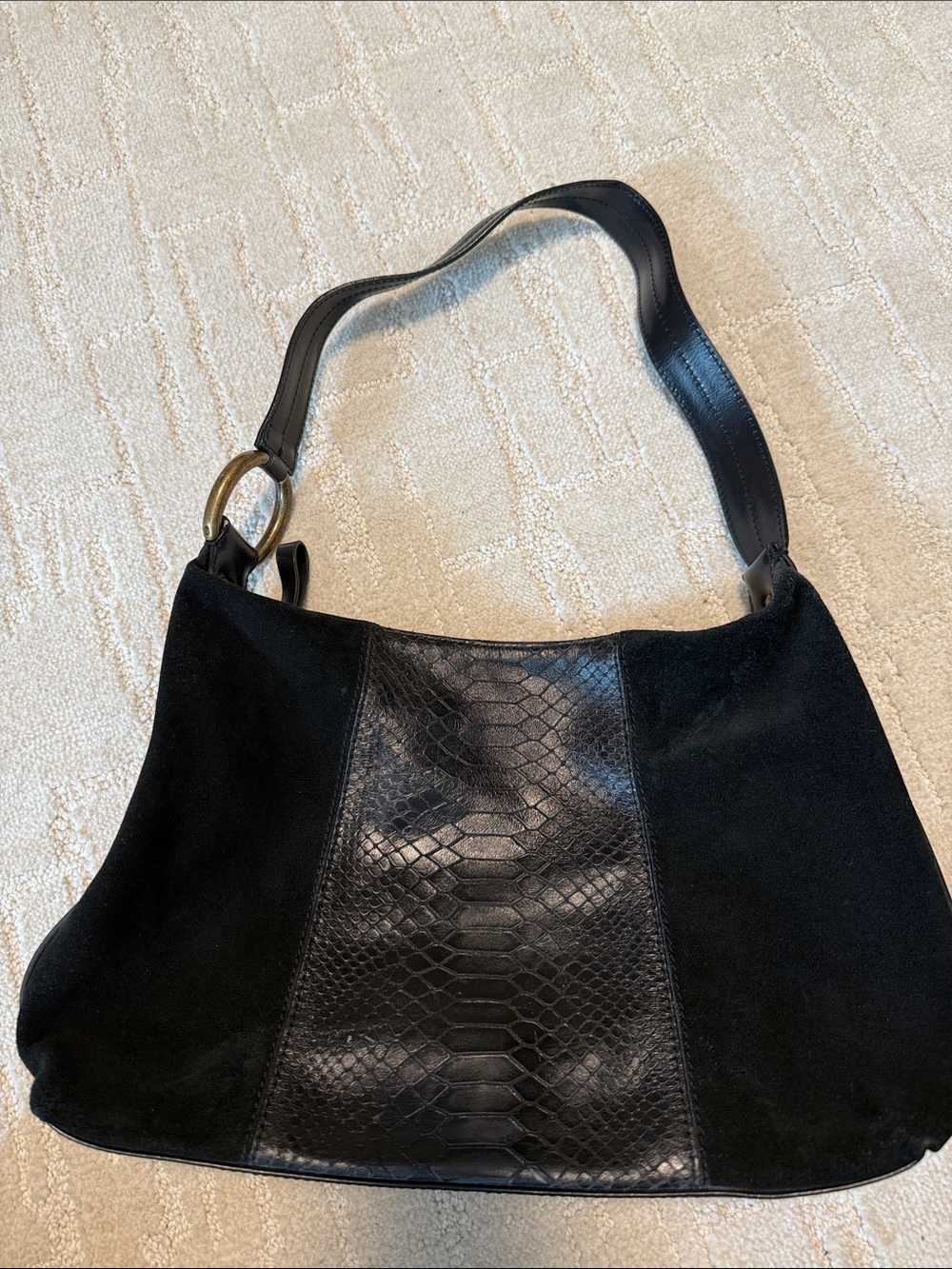 Black Suede & Snake-Embossed Leather Hobo Shoulder Bag